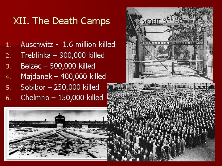 XII. The Death Camps 1. 2. 3. 4. 5. 6. Auschwitz - 1. 6 XII. The Death Camps 1. 2. 3. 4. 5. 6. Auschwitz - 1. 6