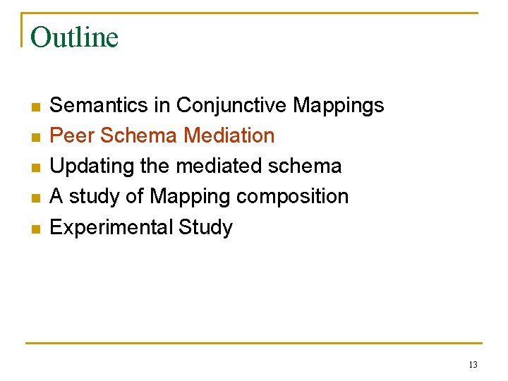 Outline n n n Semantics in Conjunctive Mappings Peer Schema Mediation Updating the mediated