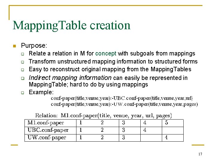 Mapping. Table creation n Purpose: q q q Relate a relation in M for