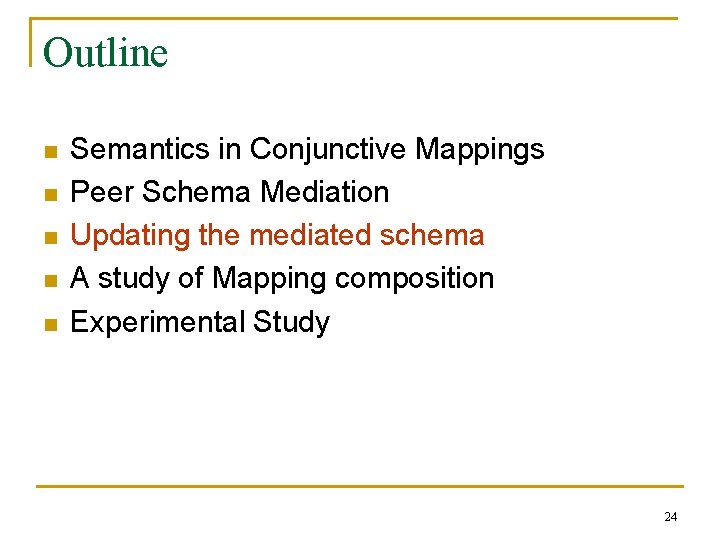 Outline n n n Semantics in Conjunctive Mappings Peer Schema Mediation Updating the mediated
