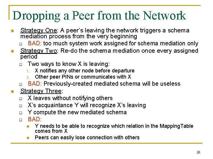 Dropping a Peer from the Network n n Strategy One: A peer’s leaving the