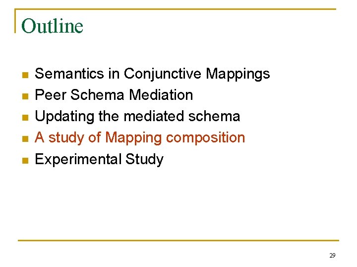 Outline n n n Semantics in Conjunctive Mappings Peer Schema Mediation Updating the mediated