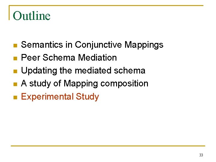 Outline n n n Semantics in Conjunctive Mappings Peer Schema Mediation Updating the mediated