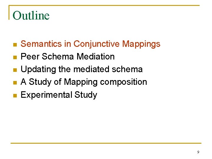 Outline n n n Semantics in Conjunctive Mappings Peer Schema Mediation Updating the mediated