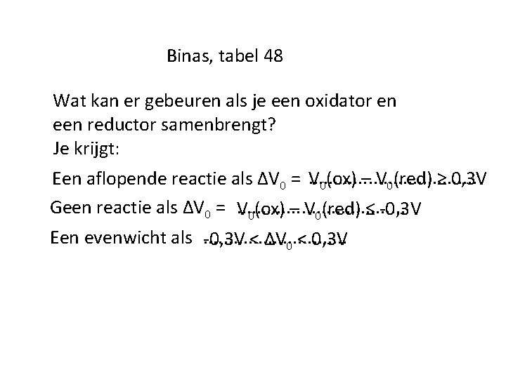 Binas, tabel 48 Wat kan er gebeuren als je een oxidator en een reductor