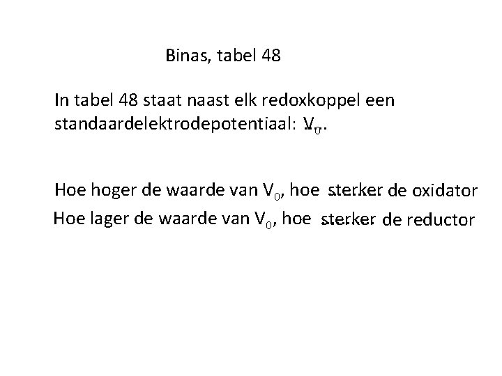 Binas, tabel 48 In tabel 48 staat naast elk redoxkoppel een standaardelektrodepotentiaal: . .