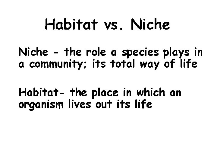 Habitat vs. Niche - the role a species plays in a community; its total