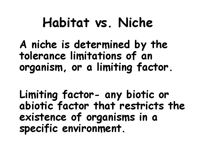 Habitat vs. Niche A niche is determined by the tolerance limitations of an organism,