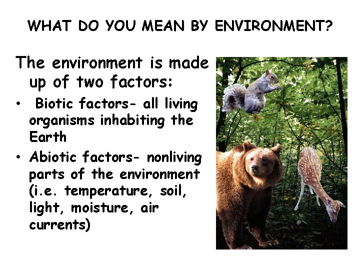 WHAT DO YOU MEAN BY ENVIRONMENT? The environment is made up of two factors: