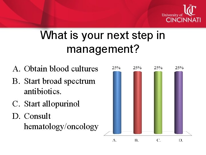 What is your next step in management? A. Obtain blood cultures B. Start broad