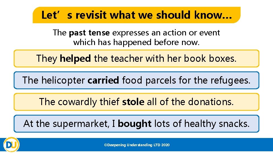 Let’s revisit what we should know… The past tense expresses an action or event Let’s revisit what we should know… The past tense expresses an action or event