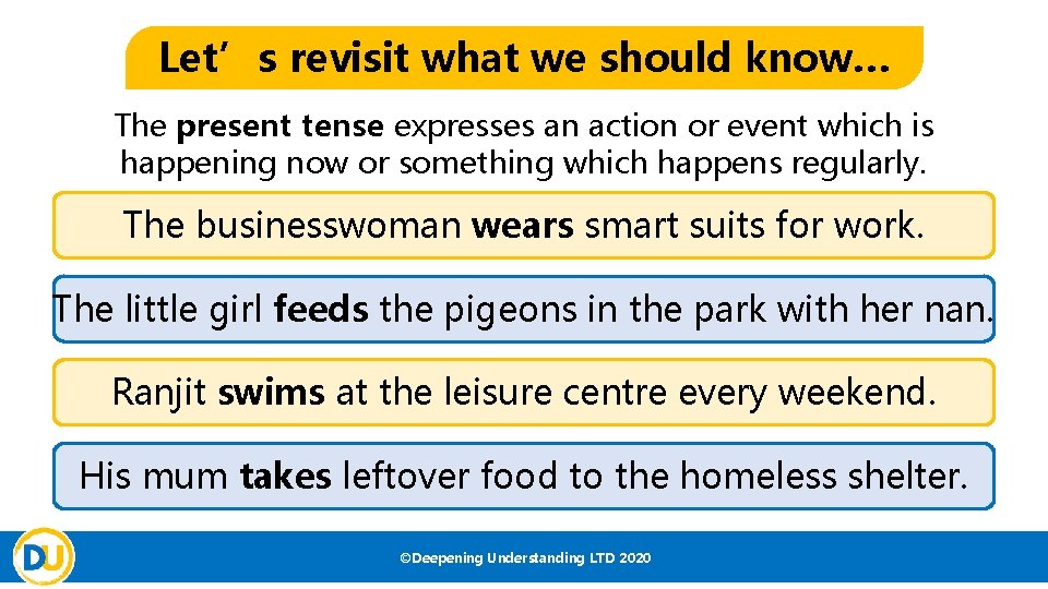 Let’s revisit what we should know… The present tense expresses an action or event Let’s revisit what we should know… The present tense expresses an action or event