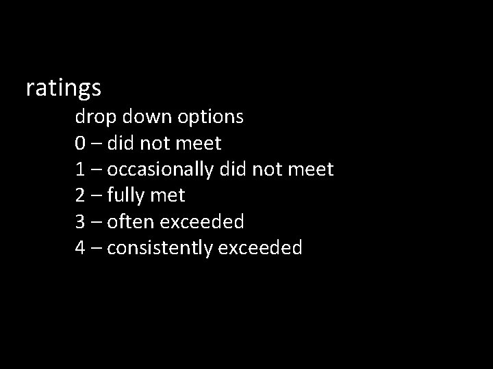 ratings drop down options 0 – did not meet 1 – occasionally did not