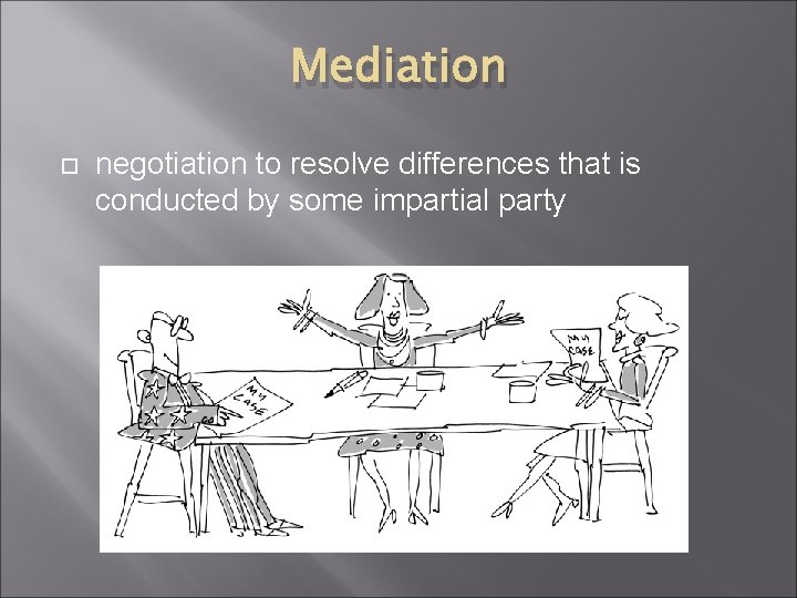 Mediation negotiation to resolve differences that is conducted by some impartial party 