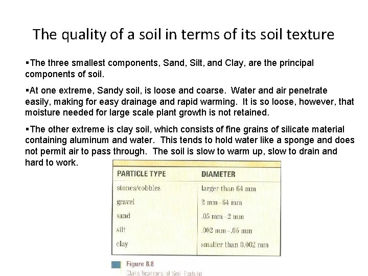 The quality of a soil in terms of its soil texture §The three smallest