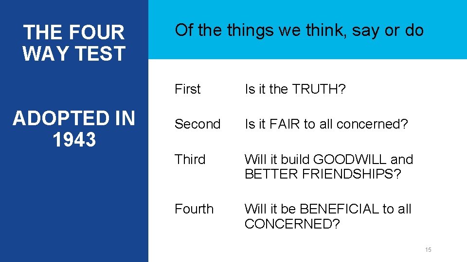THE FOUR WAY TEST ADOPTED IN 1943 Of the things we think, say or