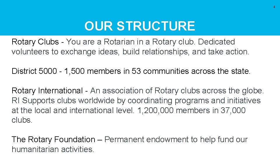 4 OUR STRUCTURE Rotary Clubs - You are a Rotarian in a Rotary club.
