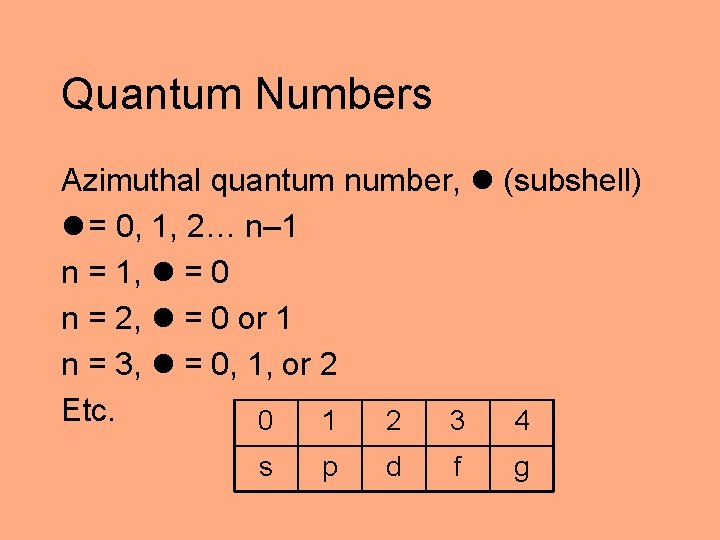 Quantum Numbers Azimuthal quantum number, (subshell) = 0, 1, 2… n– 1 n =