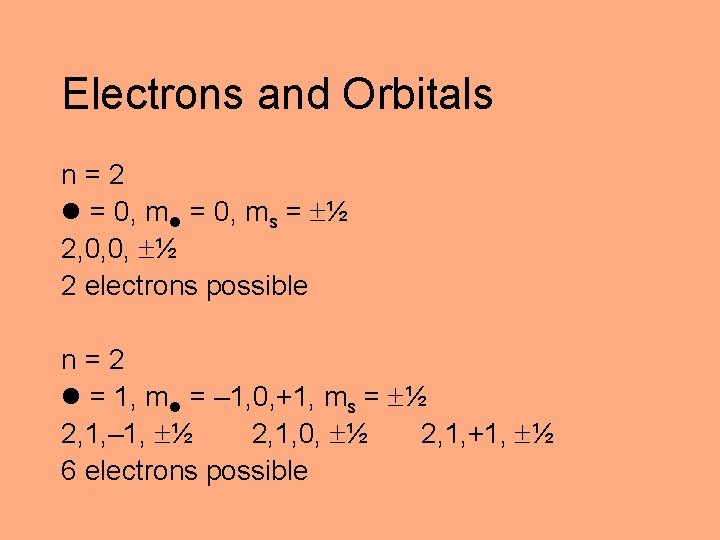 Electrons and Orbitals n=2 = 0, ms = ½ 2, 0, 0, ½ 2
