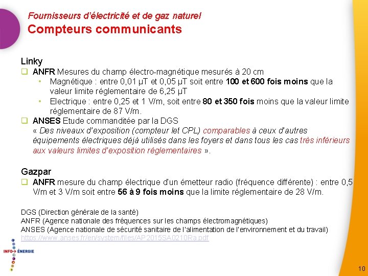 Fournisseurs d’électricité et de gaz naturel Compteurs communicants Linky q ANFR Mesures du champ