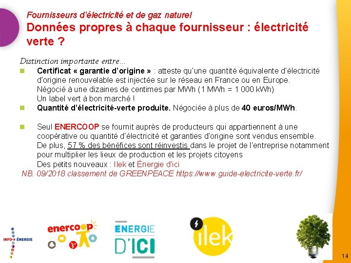 Fournisseurs d’électricité et de gaz naturel Données propres à chaque fournisseur : électricité verte