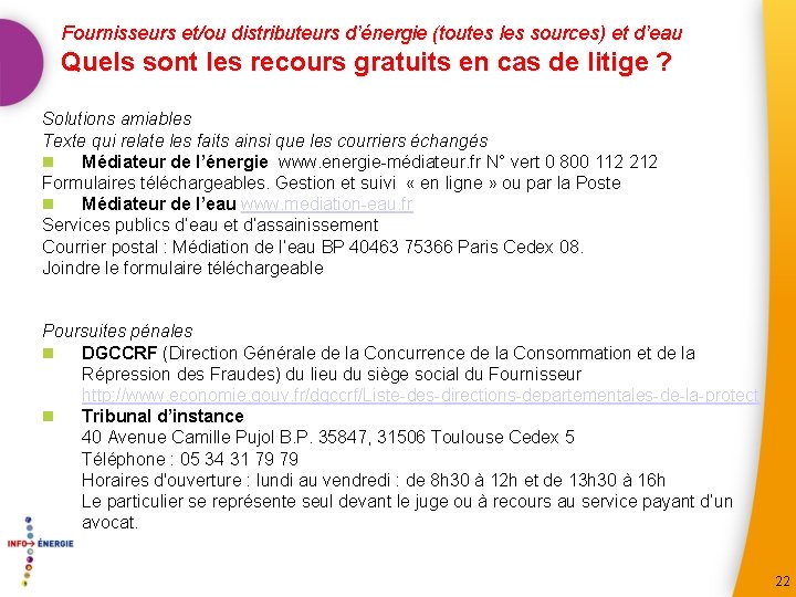 Fournisseurs et/ou distributeurs d’énergie (toutes les sources) et d’eau Quels sont les recours gratuits