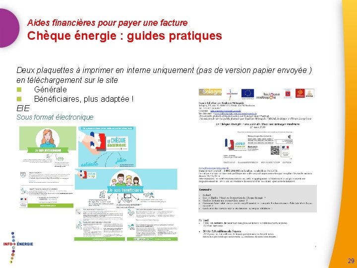 Aides financières pour payer une facture Chèque énergie : guides pratiques Deux plaquettes à