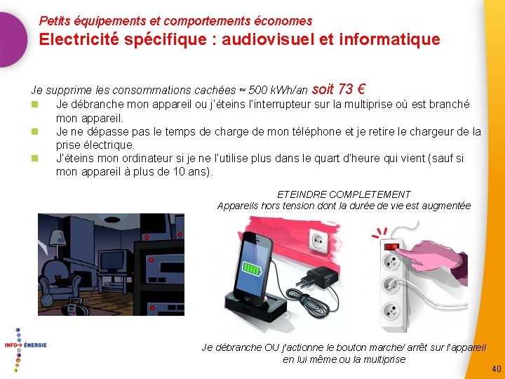 Petits équipements et comportements économes Electricité spécifique : audiovisuel et informatique Je supprime les