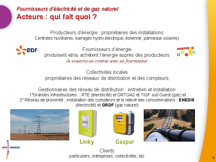 Fournisseurs d’électricité et de gaz naturel Acteurs : qui fait quoi ? Producteurs d’énergie