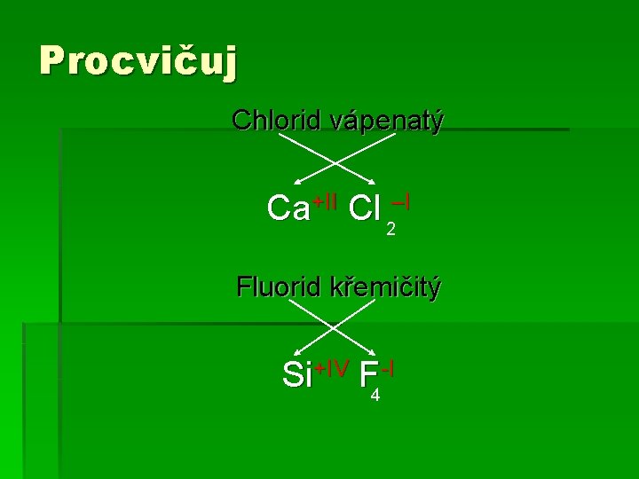 Procvičuj Chlorid vápenatý Ca+II Cl 2–I Fluorid křemičitý Si+IV F 4 -I 