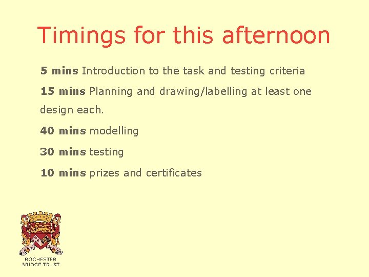 Timings for this afternoon 5 mins Introduction to the task and testing criteria 15