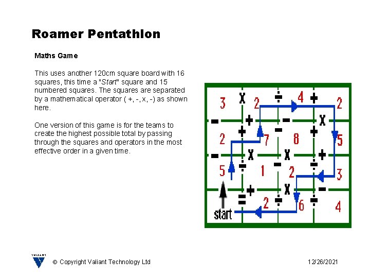 Roamer Pentathlon Maths Game This uses another 120 cm square board with 16 squares,