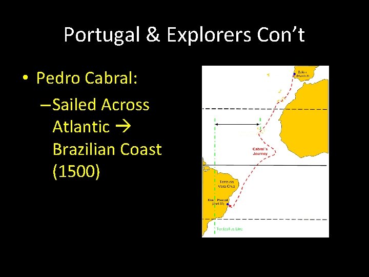 Portugal & Explorers Con’t • Pedro Cabral: – Sailed Across Atlantic Brazilian Coast (1500) Portugal & Explorers Con’t • Pedro Cabral: – Sailed Across Atlantic Brazilian Coast (1500)