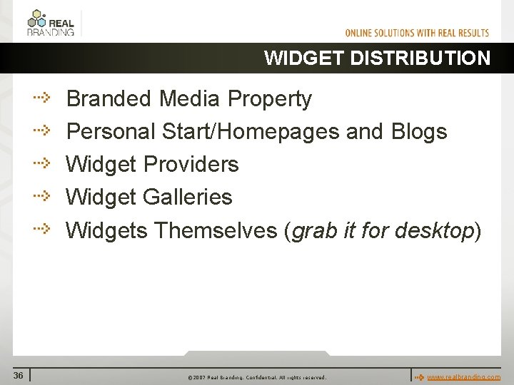 WIDGET DISTRIBUTION Branded Media Property Personal Start/Homepages and Blogs Widget Providers Widget Galleries Widgets
