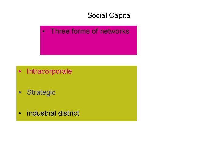 Social Capital • Three forms of networks • Intracorporate • Strategic • industrial district