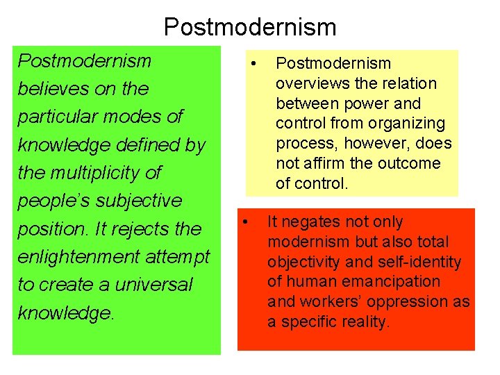 Postmodernism believes on the particular modes of knowledge defined by the multiplicity of people’s