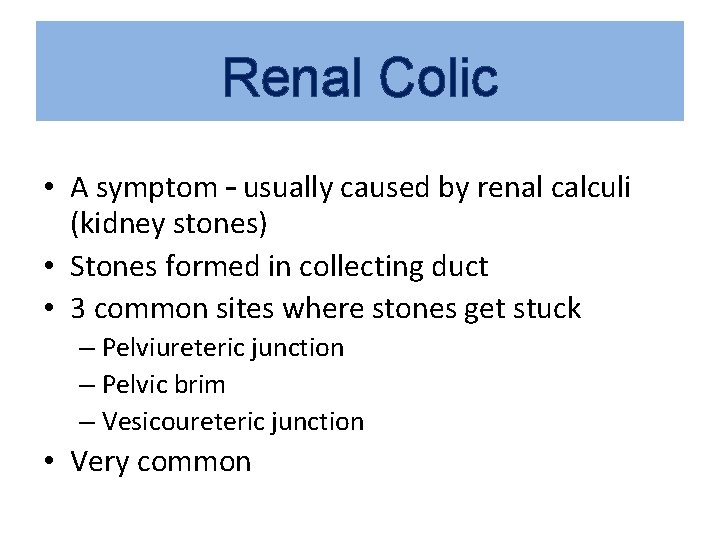 Renal Colic • A symptom – usually caused by renal calculi (kidney stones) •