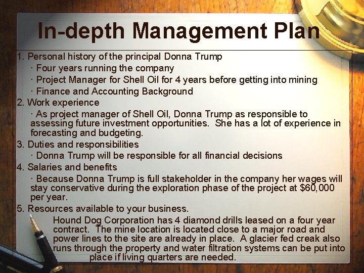 In-depth Management Plan 1. Personal history of the principal Donna Trump · Four years In-depth Management Plan 1. Personal history of the principal Donna Trump · Four years