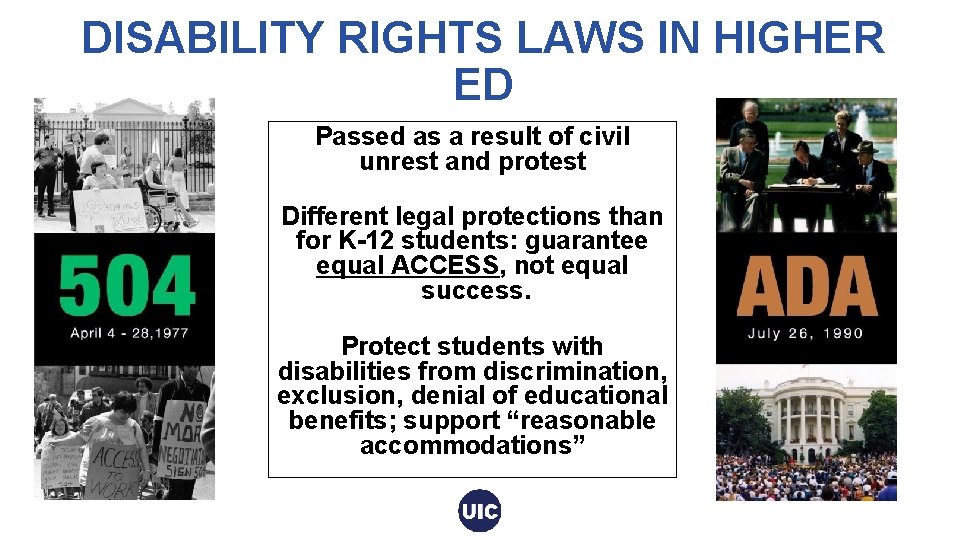 DISABILITY RIGHTS LAWS IN HIGHER ED Passed as a result of civil unrest and