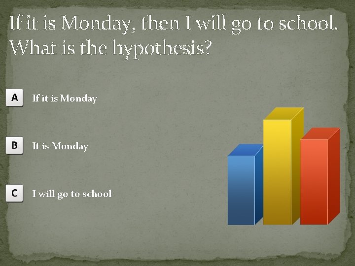 If it is Monday, then I will go to school. What is the hypothesis?