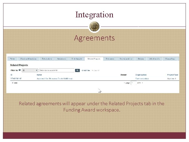 Integration Agreements Related agreements will appear under the Related Projects tab in the Funding Integration Agreements Related agreements will appear under the Related Projects tab in the Funding