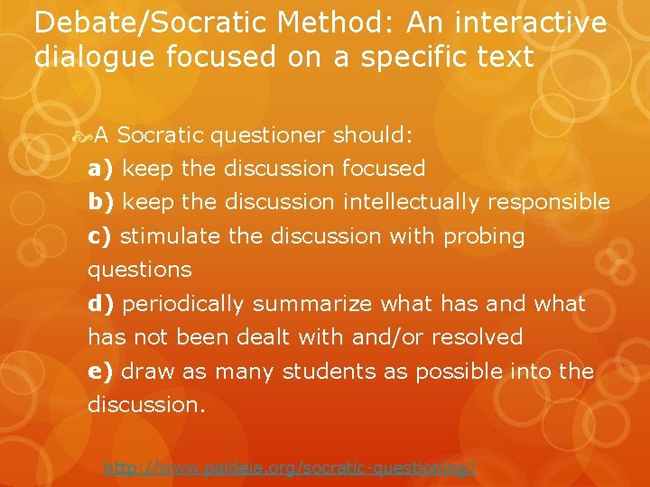 Debate/Socratic Method: An interactive dialogue focused on a specific text A Socratic questioner should: