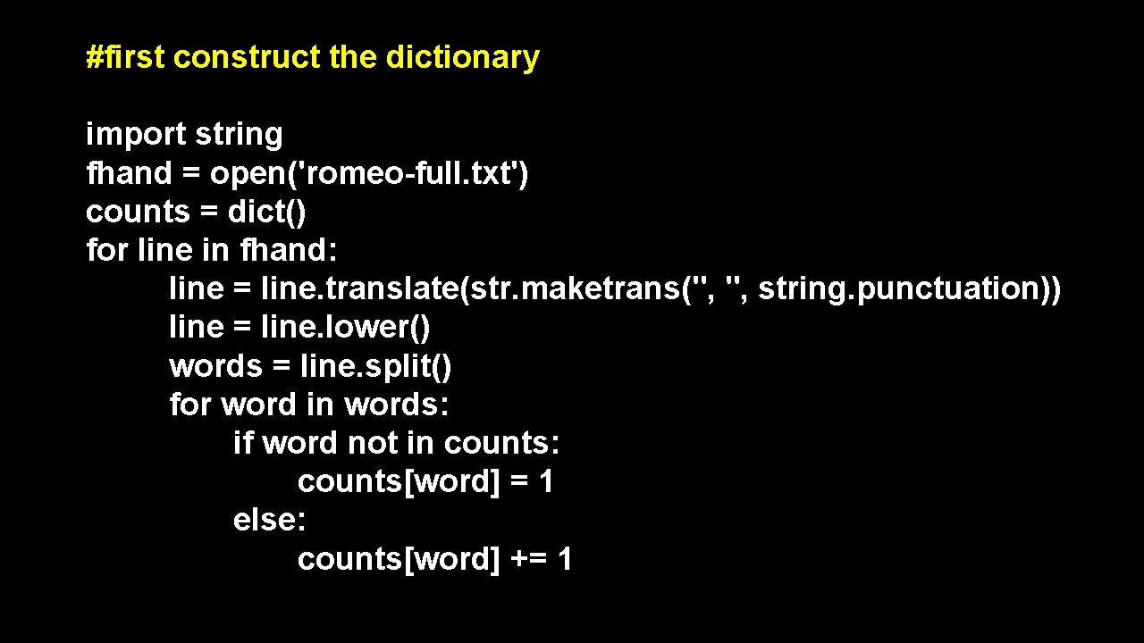 #first construct the dictionary import string fhand = open('romeo-full. txt') counts = dict() for