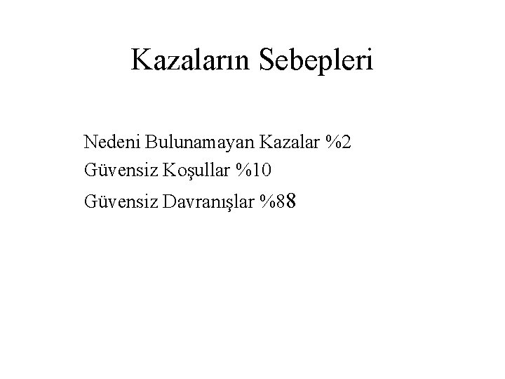 Kazaların Sebepleri Nedeni Bulunamayan Kazalar %2 Güvensiz Koşullar %10 Güvensiz Davranışlar %88 