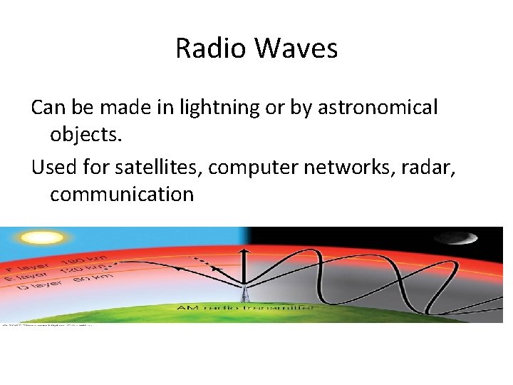 Radio Waves Can be made in lightning or by astronomical objects. Used for satellites,