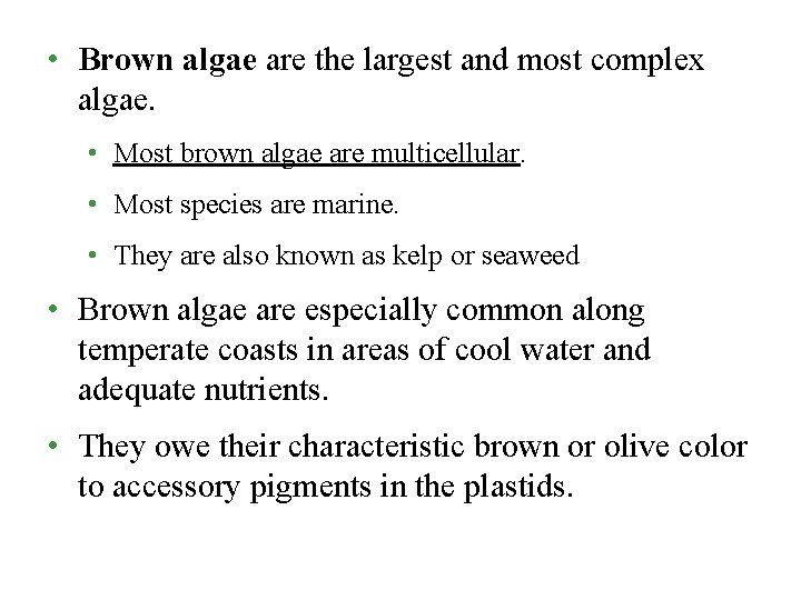  • Brown algae are the largest and most complex algae. • Most brown