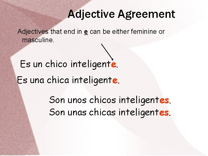 Adjective Agreement Adjectives that end in e can be either feminine or masculine. Es