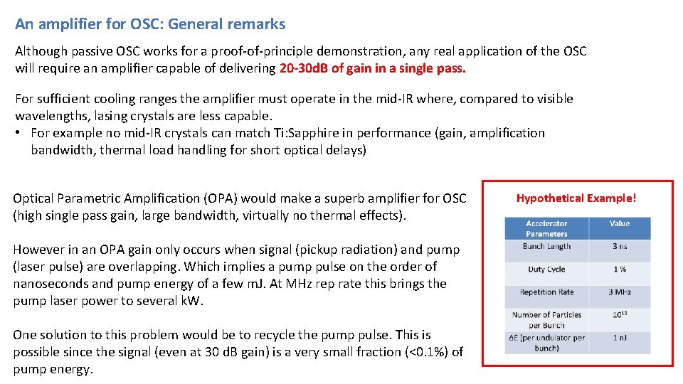 An amplifier for OSC: General remarks Although passive OSC works for a proof-of-principle demonstration,
