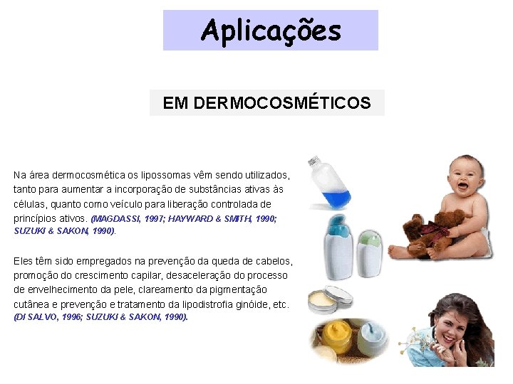 Aplicações EM DERMOCOSMÉTICOS Na área dermocosmética os lipossomas vêm sendo utilizados, tanto para aumentar