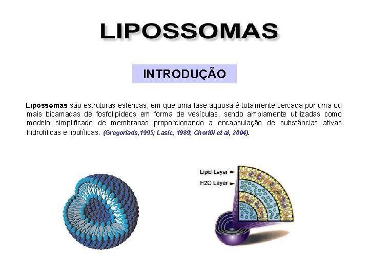 INTRODUÇÃO Lipossomas são estruturas esféricas, em que uma fase aquosa é totalmente cercada por